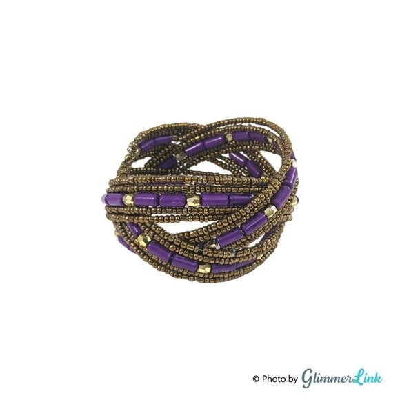 VTG Bohemian Purple Antiqued Gold Tone Braided Beaded Cuff Bracelet - Picture 6 of 7